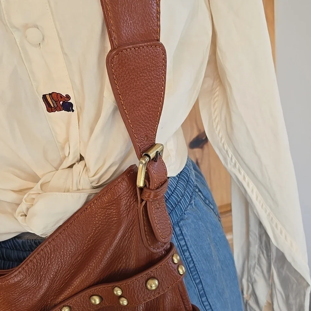 Leather Bucket Hobo Crossbody Chocolat Blu Brand Pebble Leather Gold Stud Detail